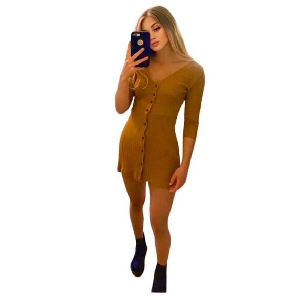 Pull & Bear Golden Yellow Cotton Rib Long Sleeve VNeck Button Up Mini Dress S - Picture 13 of 13